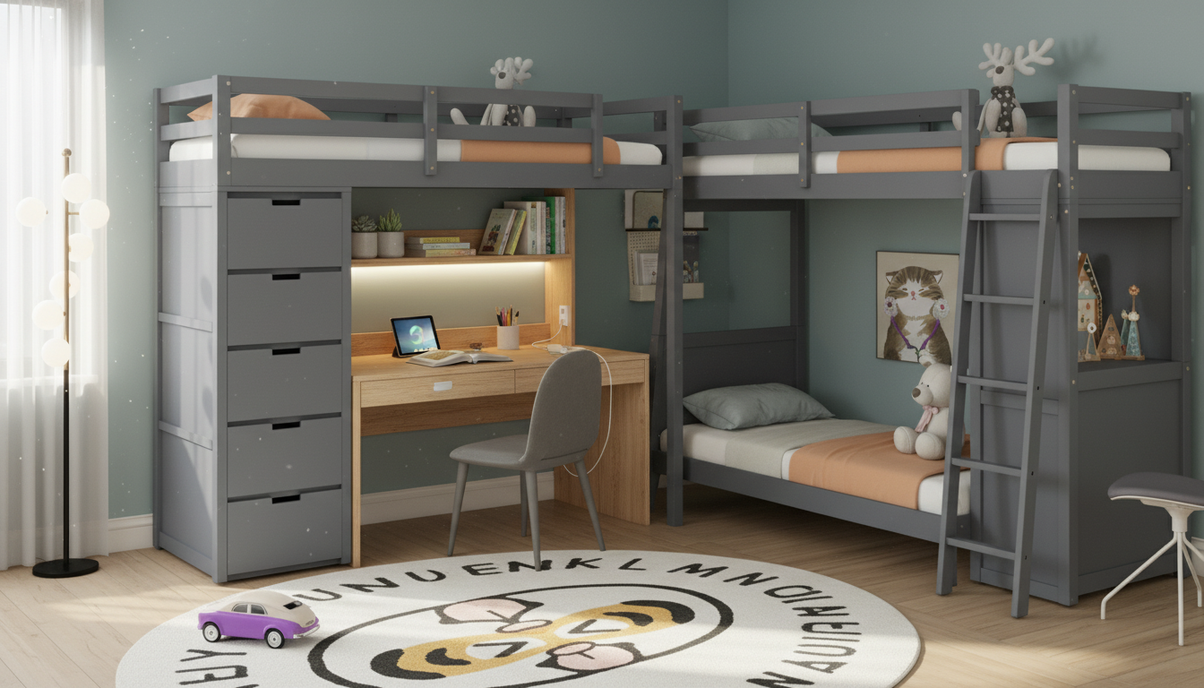 Twin Over Twin Bunk Bed with Desk: LEDs, USB & Storage