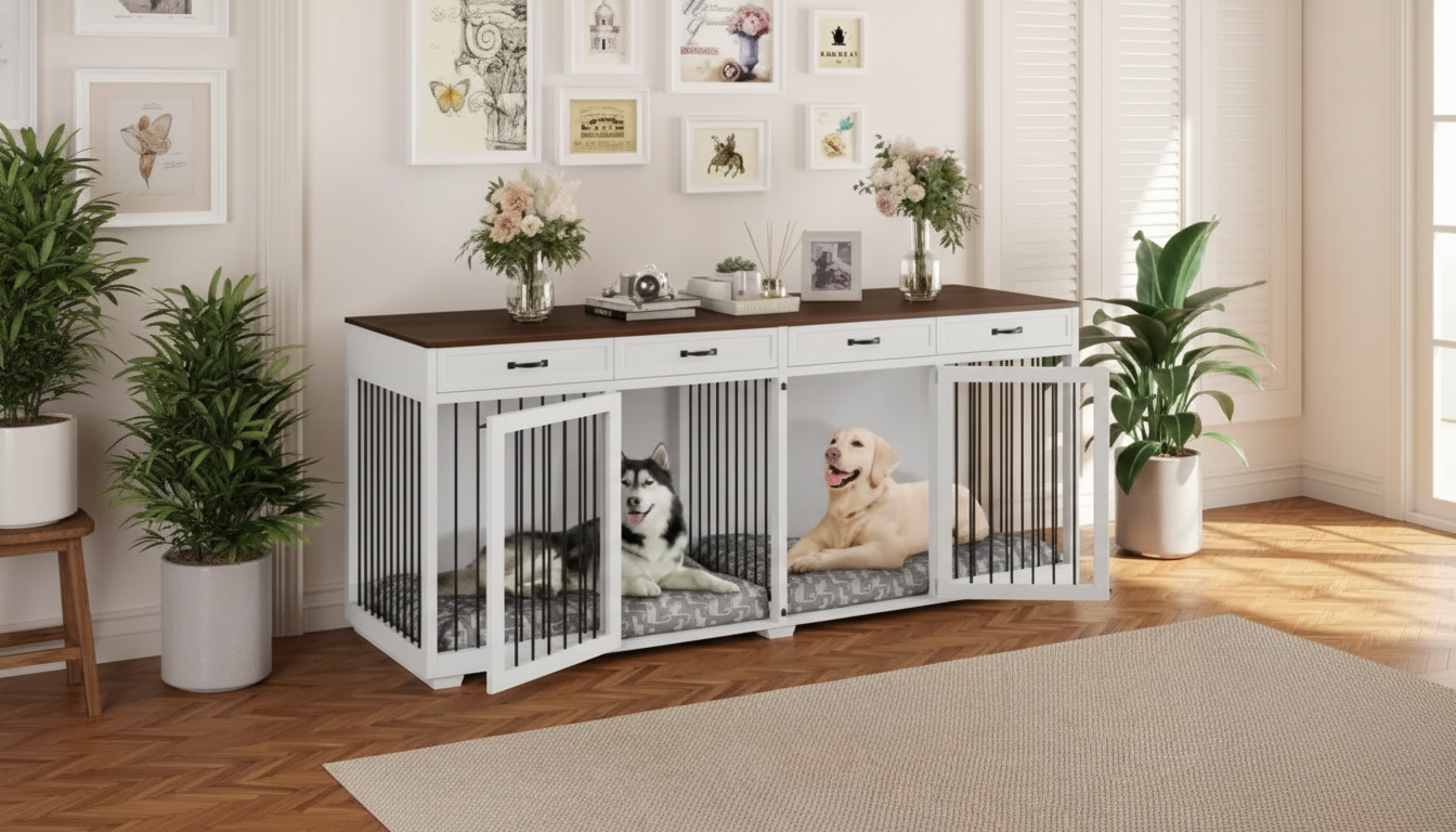 92.9-Inch Wooden Dog Crate Console: Divider + 4 Drawers
